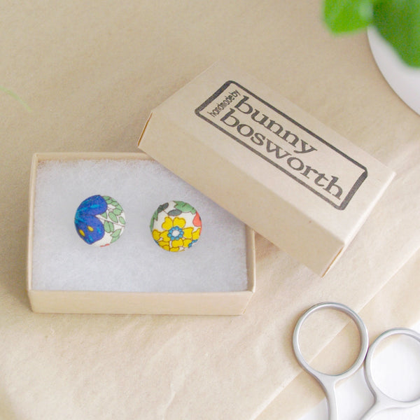 A Handcrafted "Margaret Annie" Liberty Print Fabric Button Stud Earrings from Bunny Bosworth for sale at Mostyn