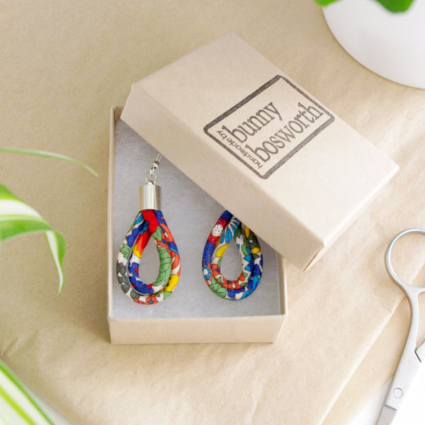 Handcrafted Margaret Annie Liberty Print Fabric Teardrop Earrings from Bunny Bosworth for sale at Mostyn