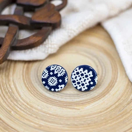 Navy Carthen Tapestry Welsh Blanket Polymer Clay Stud Earrings from Carla's Cwtch for sale at Mostyn
