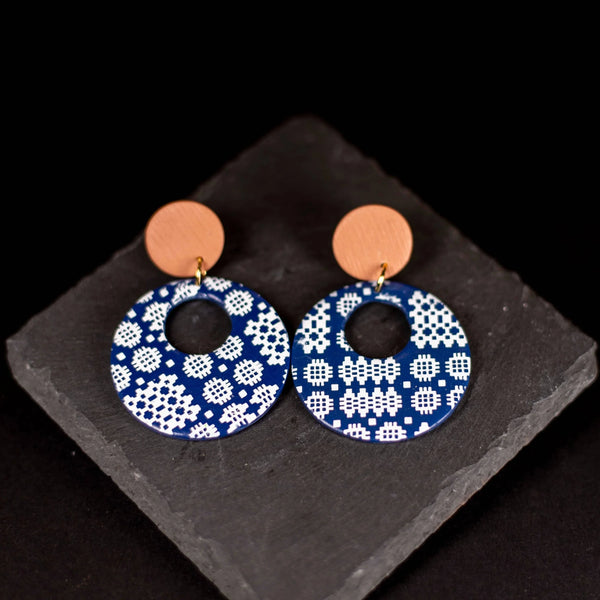 Navy Polymer Clay Circle Carthen Tapestry Welsh Blanket Earrings from Carla's Cwtch for sale at Mostyn