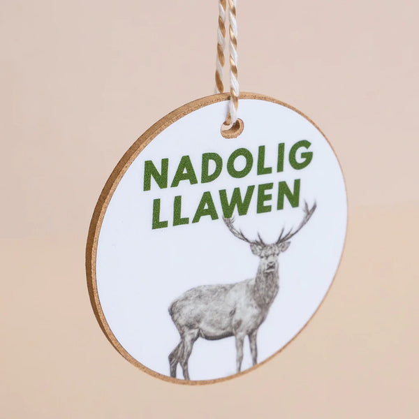 Stag Nadolig Llawen Welsh Language Wooden Christmas Decoration from Draenog for sale at Mostyn