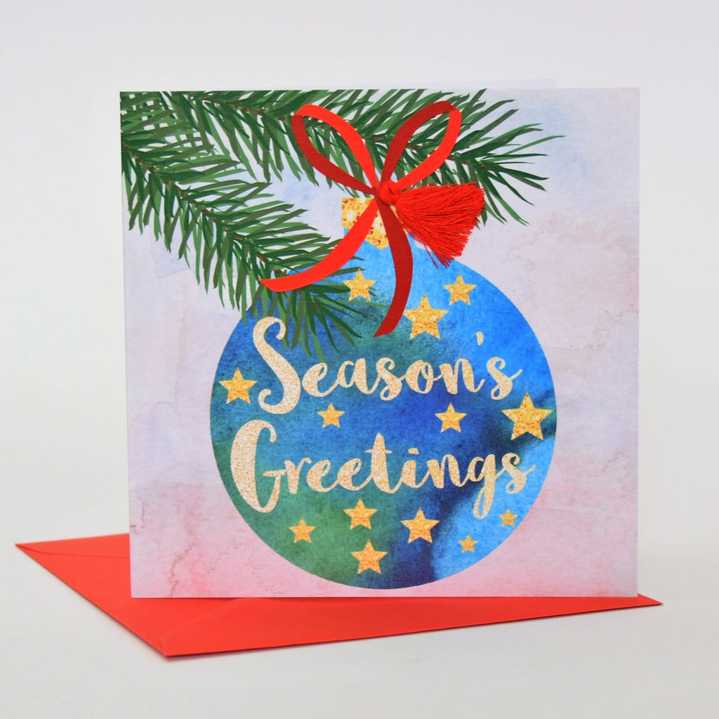 Bauble and Pine Tassel Embellished Christmas Card from Claire Giles Cards for sale at Mostyn