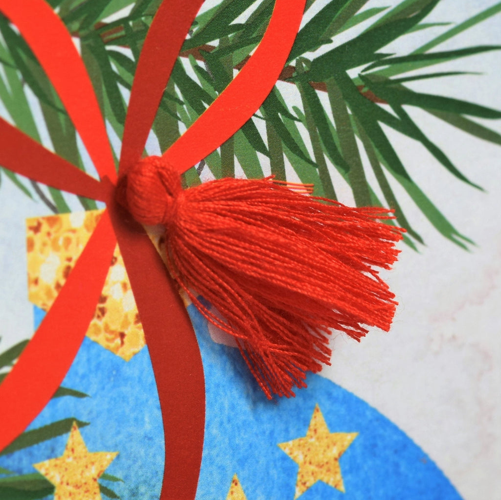 Bauble and Pine Tassel Embellished Christmas Card from Claire Giles Cards for sale at Mostyn