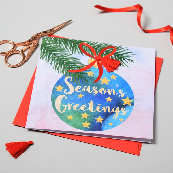 Bauble and Pine Tassel Embellished Christmas Card from Claire Giles Cards for sale at Mostyn