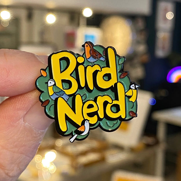 Bird Nerd Birdwatching Enamel Pin Badge by Sophie Green for sale at Mostyn