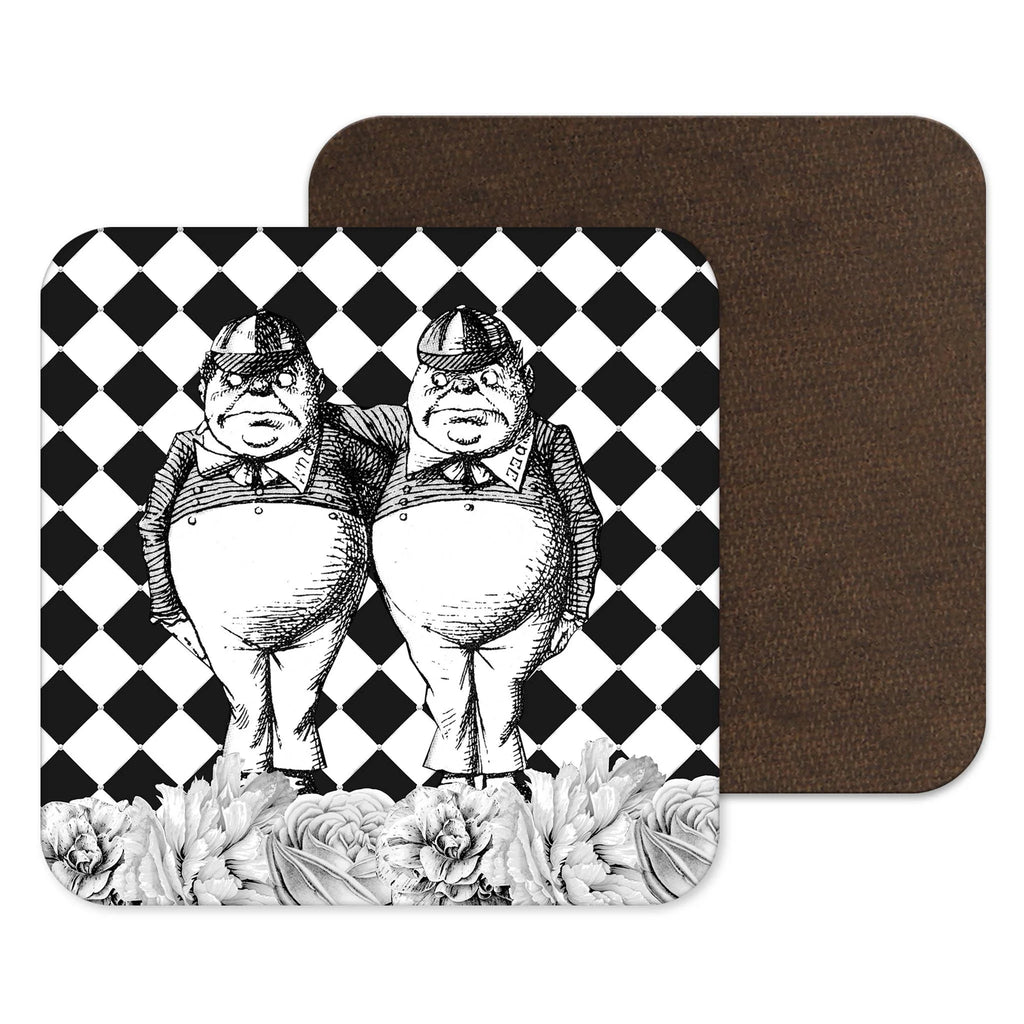 Black and White Tweedle Dee and Tweedle Dum Alice in Wonderland Coaster from Kitsch Republic for sale at Mostyn