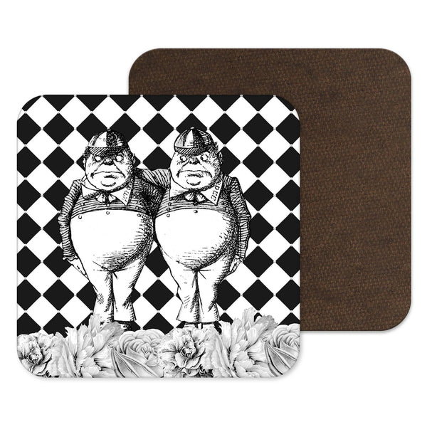 Black and White Tweedle Dee and Tweedle Dum Alice in Wonderland Coaster from Kitsch Republic for sale at Mostyn