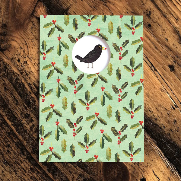 Blackbird and Holly Christmas Card with Die Cut Detail from Paperwhale for sale at Mostyn