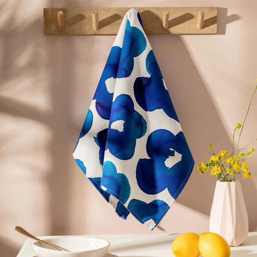 Blue Flowers 100% Cotton Tea Towel by The Moonlit Press for sale at Mostyn