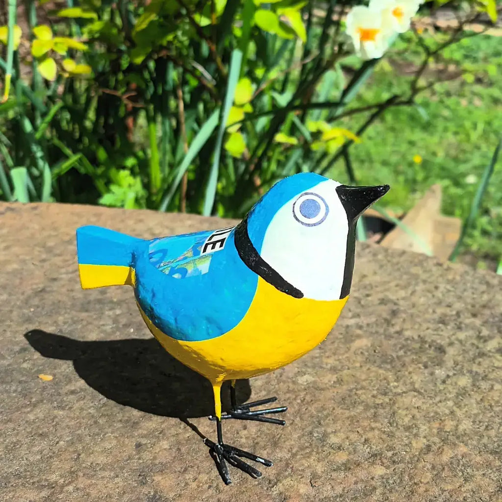 Blue Tit Posh Paper Mache Bird Sculpture by Tania Holland Gallery for sale at Mostyn