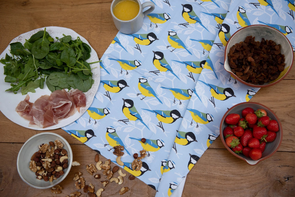 'Blue and Great Tit' Print Tea Towel from The Owlery for sale at Mostyn.