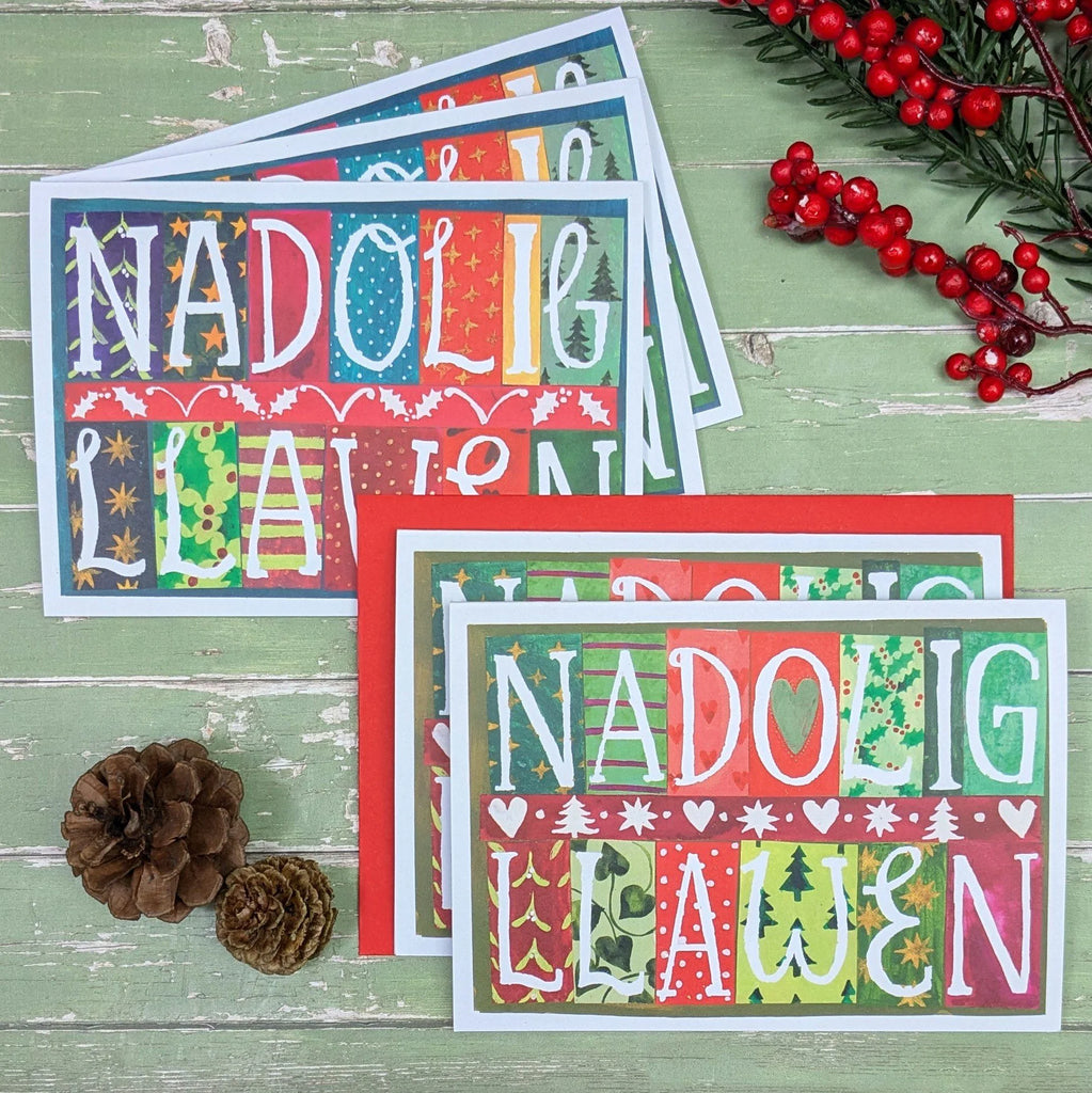 Nadolig Llawen Bright Patterns Welsh Language Christmas Card Pack from Driftwood Designs for sale at Mostyn