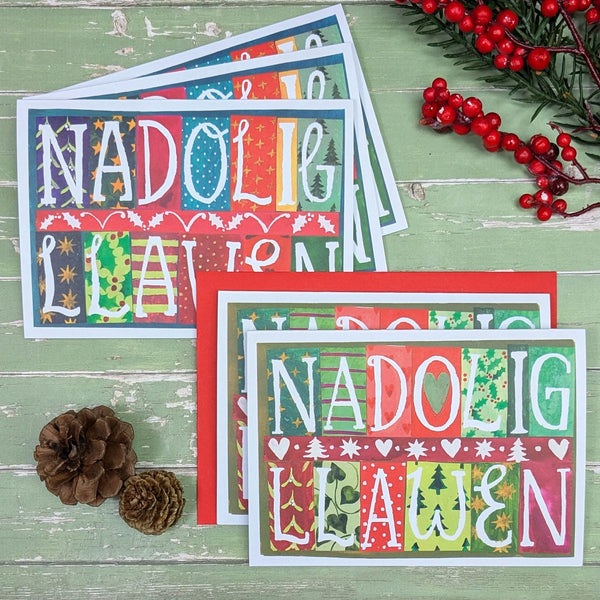 Nadolig Llawen Bright Patterns Welsh Language Christmas Card Pack from Driftwood Designs for sale at Mostyn