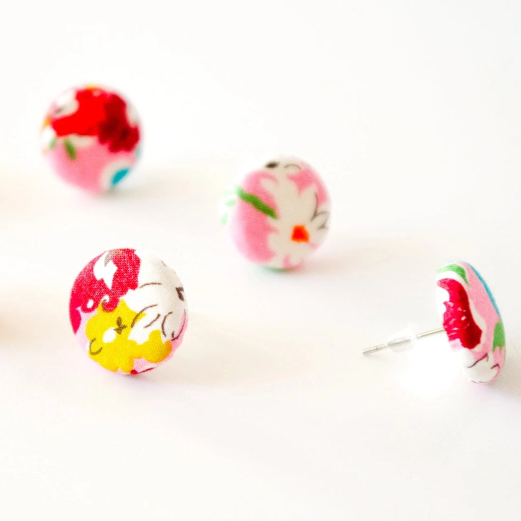 A Handcrafted California Bloom Liberty Print Fabric Button Stud Earrings from Bunny Bosworth for sale at Mostyn