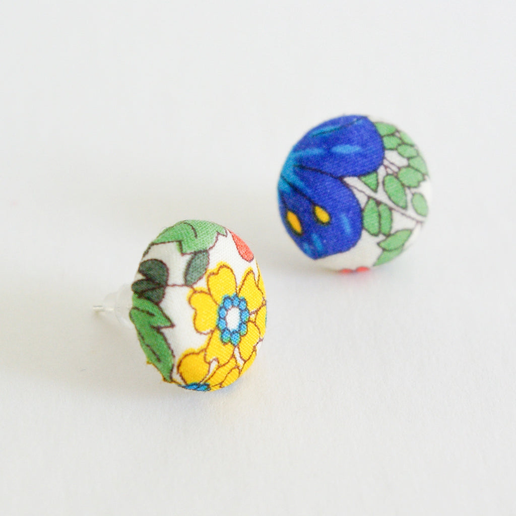 A Handcrafted "Margaret Annie" Liberty Print Fabric Button Stud Earrings from Bunny Bosworth for sale at Mostyn