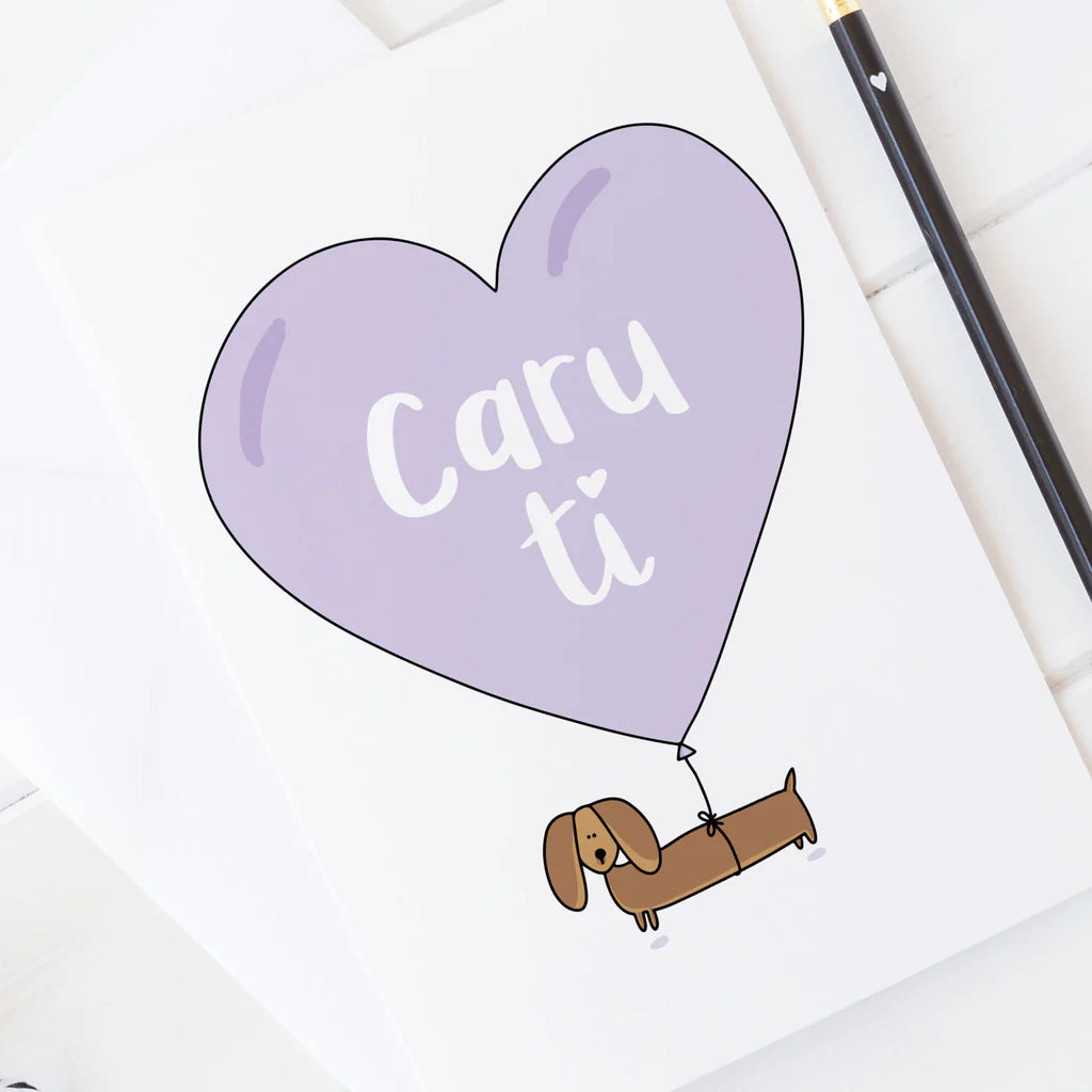 Caru Ti Love You Dachshund Welsh Valentine Card from Draenog for sale at Mostyn