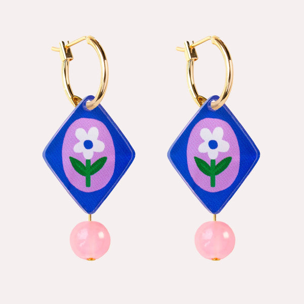 Charm Hoop Blue and Lilac Floral Earrings by Natalie Lea Owen for sale at Mostyn