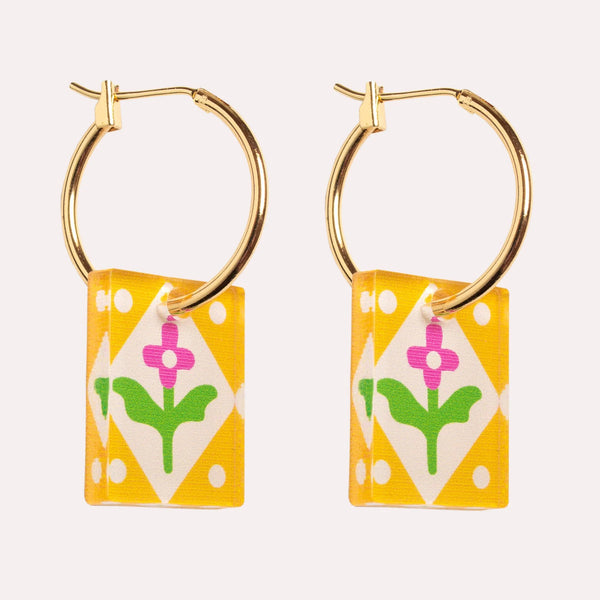 Charm Hoop Yellow Folk Floral Earrings by Natalie Lea Owen for sale at Mostyn