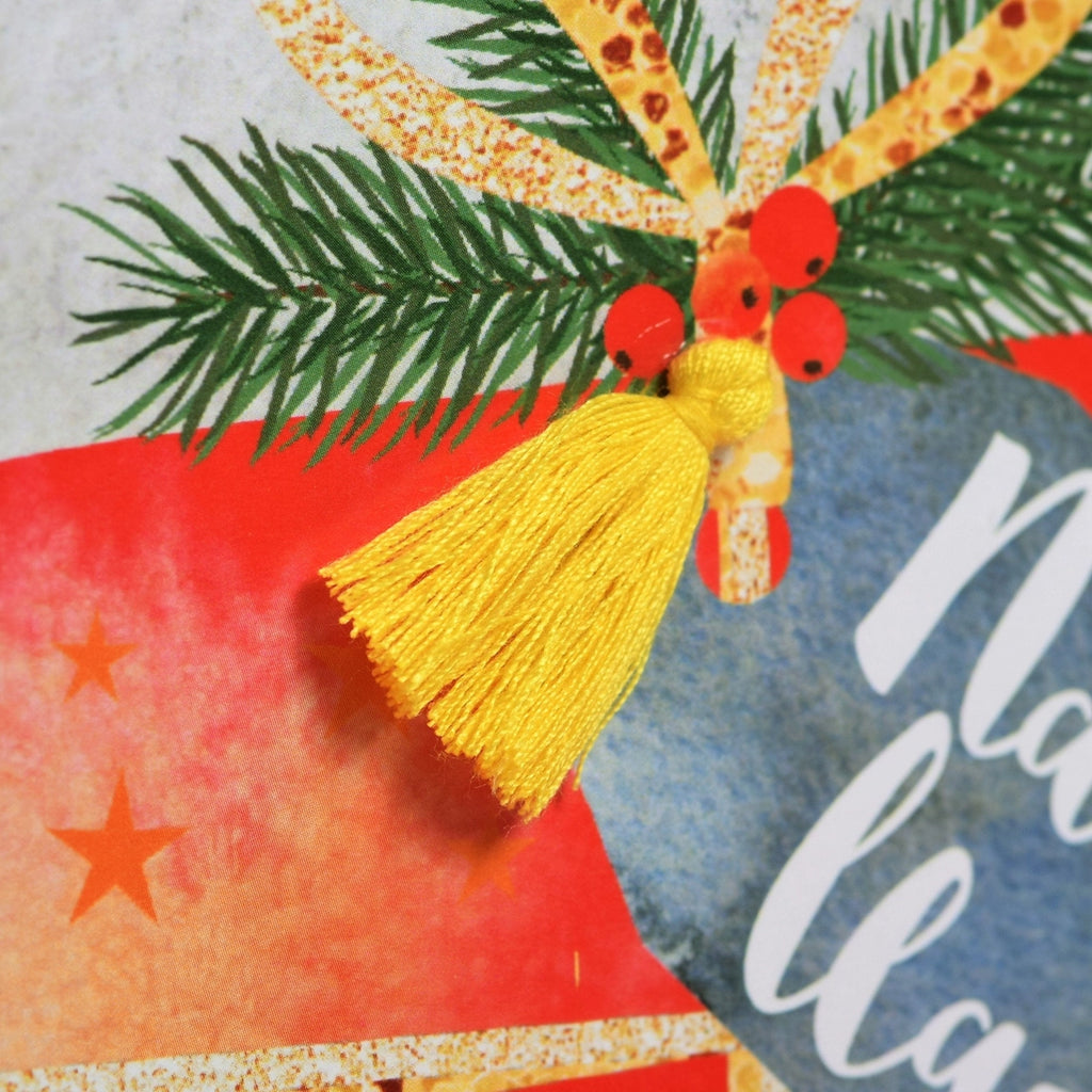 Christmas Present Tassel Embellishment Welsh Christmas Card from Claire Giles Cards for sale at Mostyn