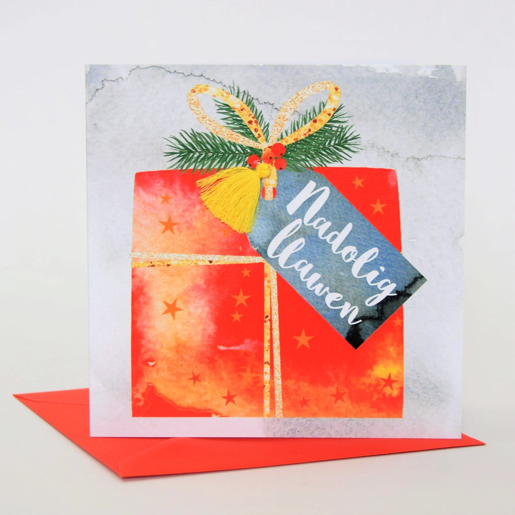Christmas Present Tassel Embellishment Welsh Christmas Card from Claire Giles Cards for sale at Mostyn