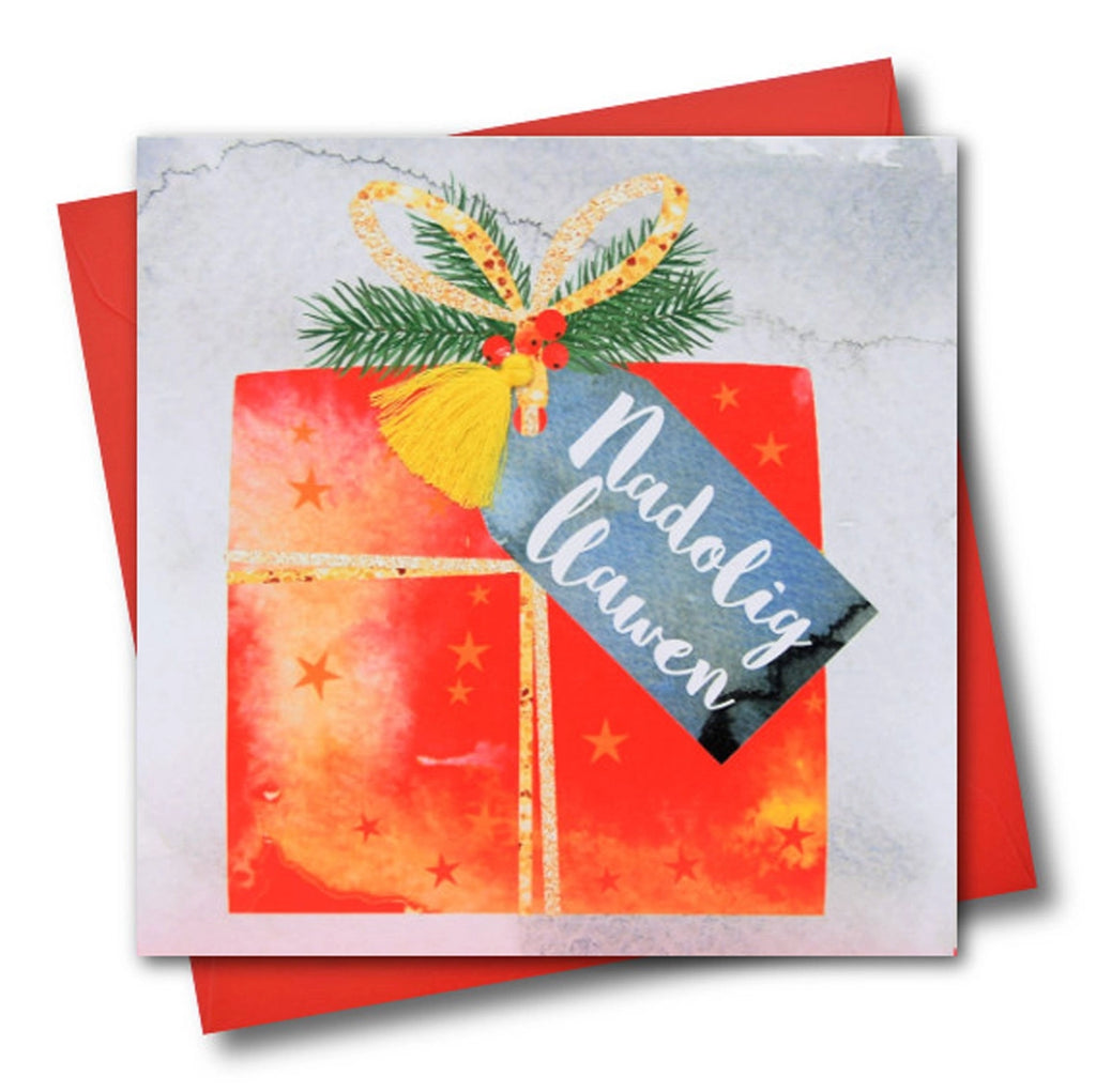 Christmas Present Tassel Embellishment Welsh Christmas Card from Claire Giles Cards for sale at Mostyn
