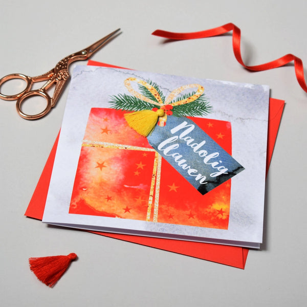 Christmas Present Tassel Embellishment Welsh Christmas Card from Claire Giles Cards for sale at Mostyn