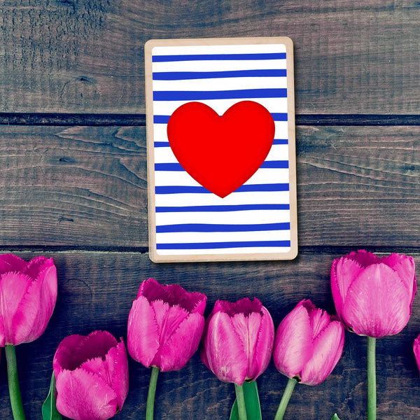 Coeur Striped Love Heart Sustainable Wooden Postcard from The Wooden Postcard Company for sale at Mostyn