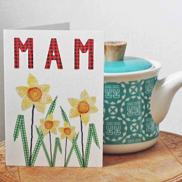 Collaged Daffodils Mam Greeting Card from The Welsh Gift Shop for sale at Mostyn