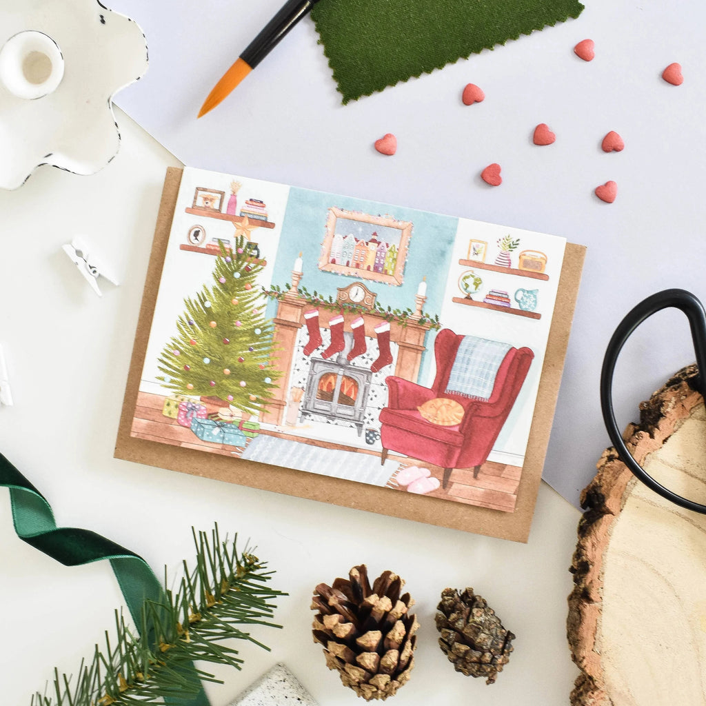 Cosy Fireplace Illustrated Christmas Card from Eleri Haf Designs for sale at Mostyn