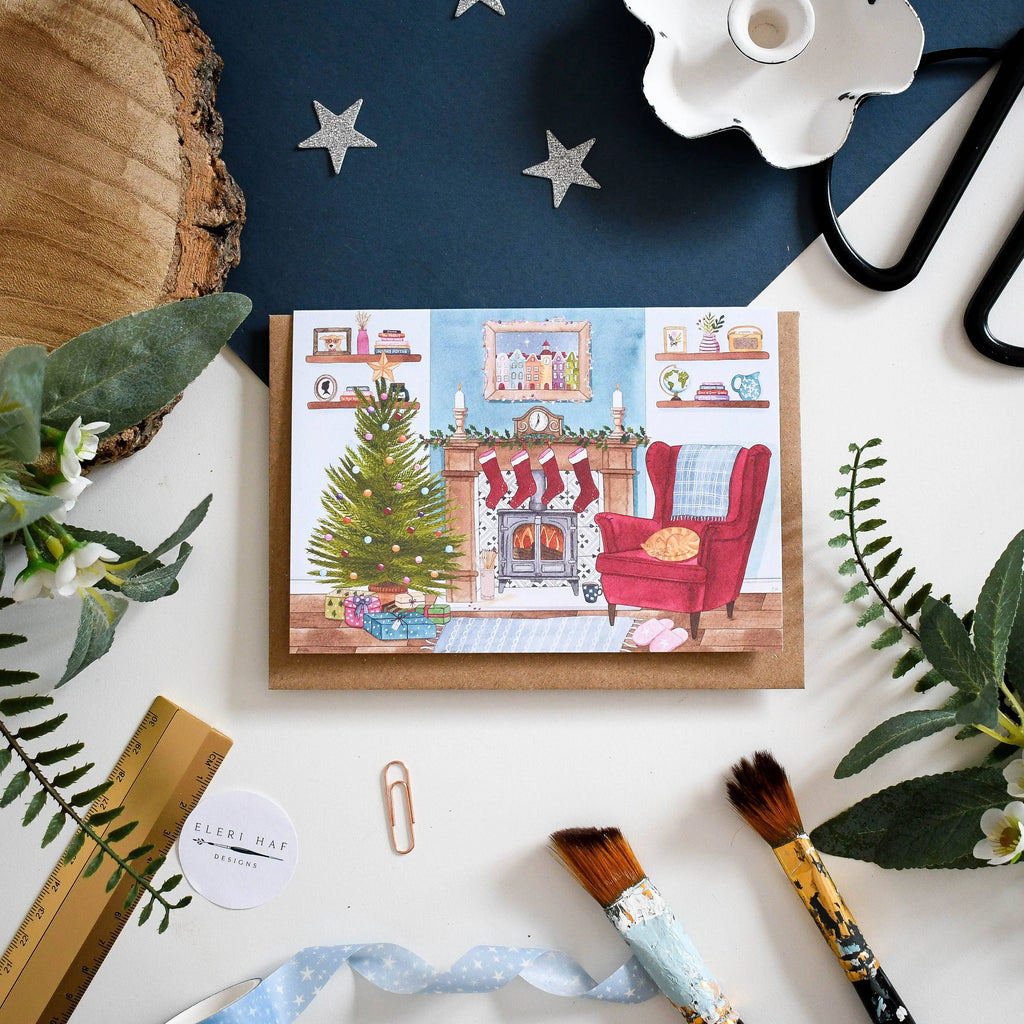 Cosy Fireplace Illustrated Christmas Card from Eleri Haf Designs for sale at Mostyn