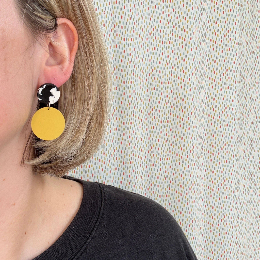 Cow Print and Mustard Stud Earrings from Deryn for sale at Mostyn