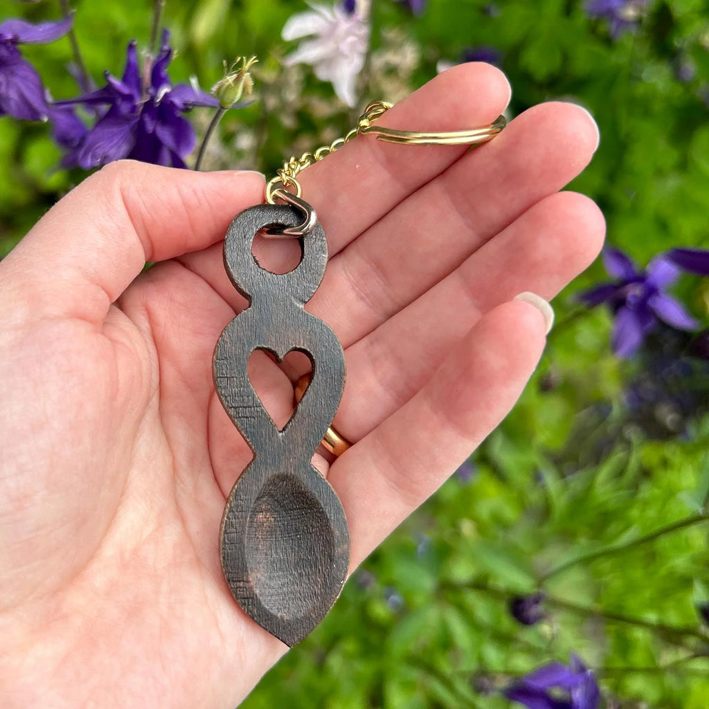 Dark Hand-carved Wooden Welsh Love Spoon Keyring from The Welsh Gift Shop for sale at Mostyn 