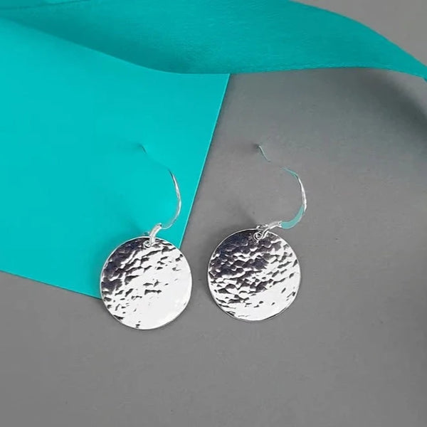 A Handcrafted Hammered Disc Eco-Silver Earrings from Jewellery by Jackie for sale at Mostyn.