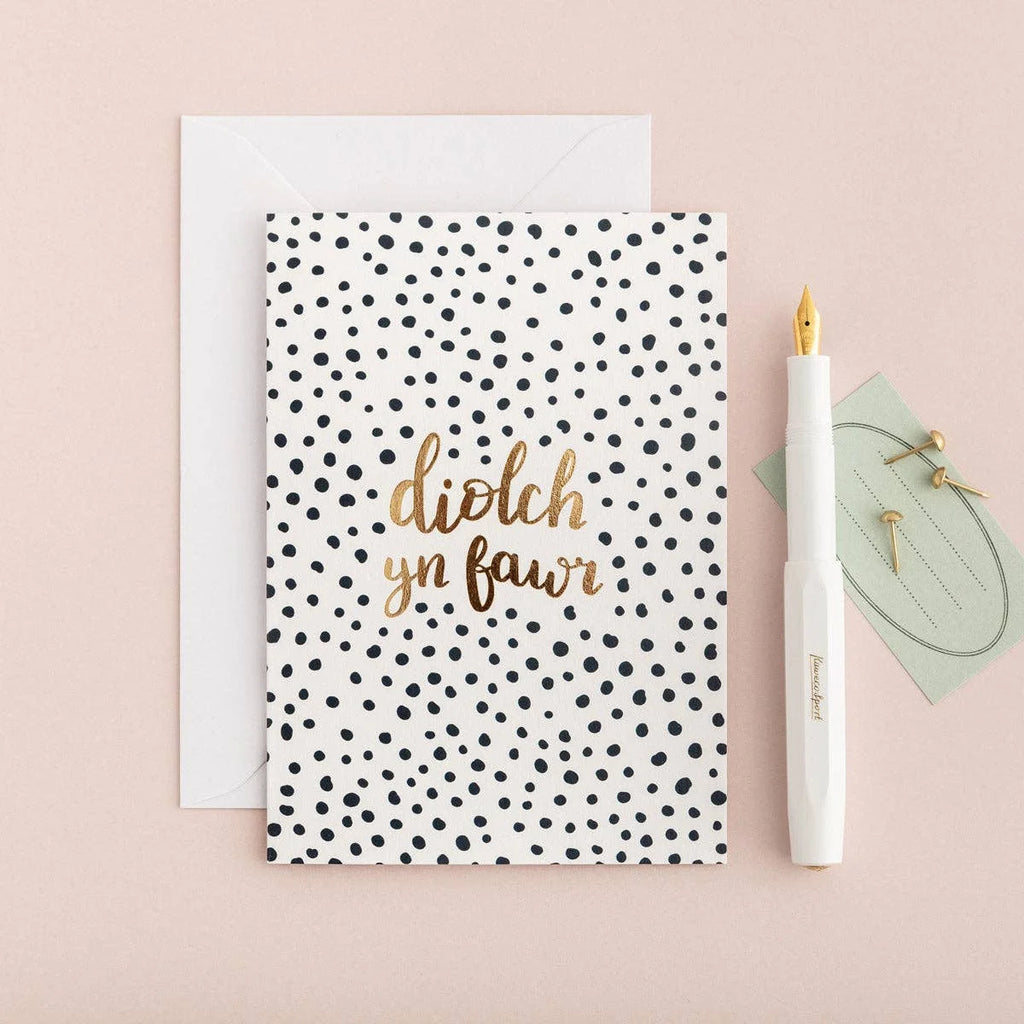 Dots and Gold Foil Welsh Thank You Card by Draenog for sale at Mostyn
