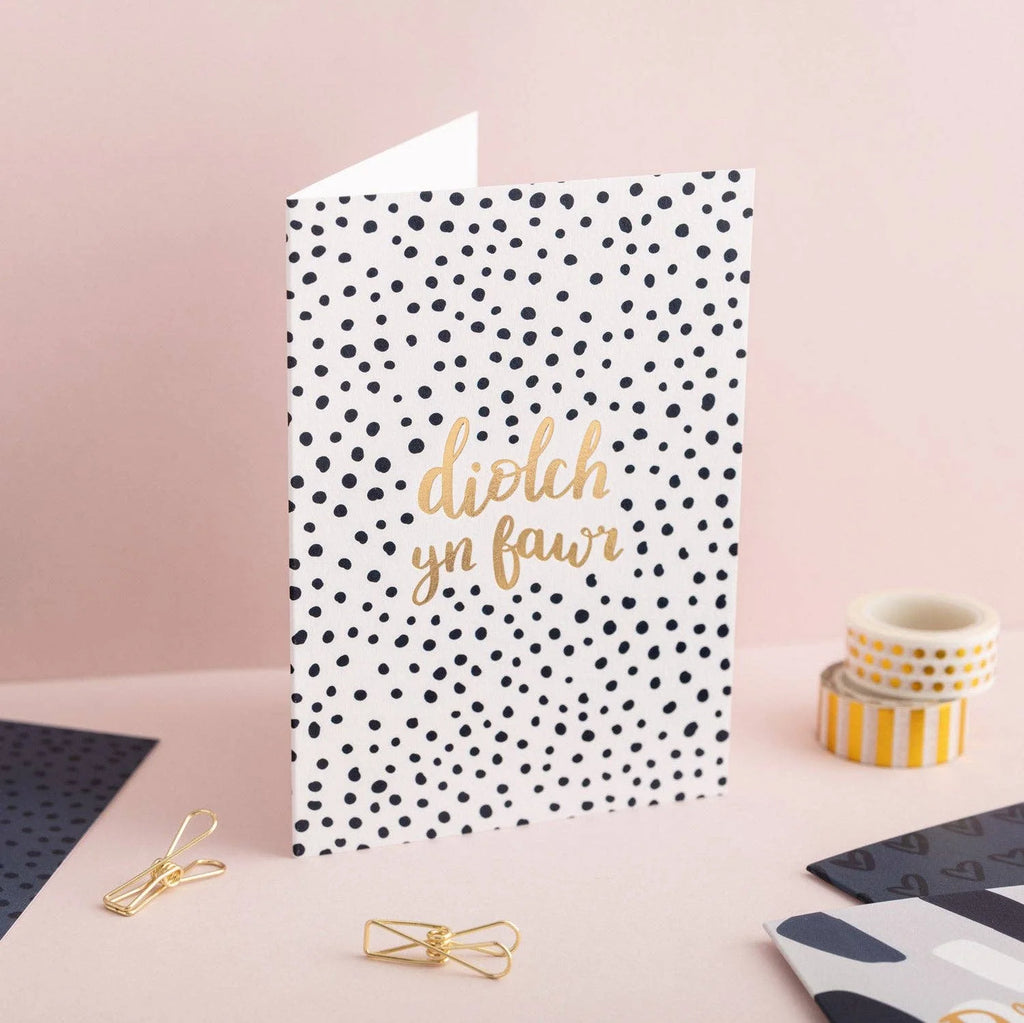 Dots and Gold Foil Welsh Thank You Card by Draenog for sale at Mostyn
