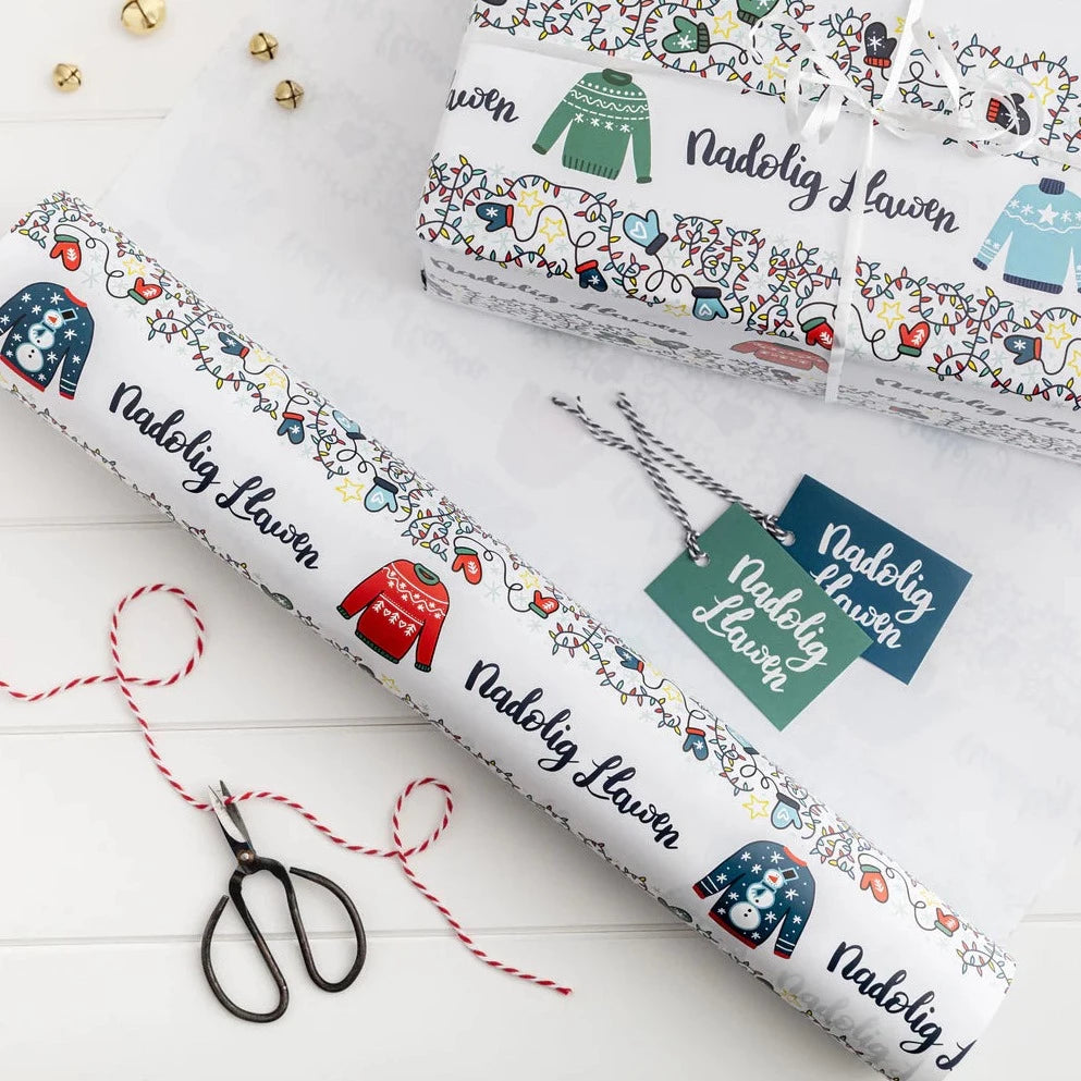 Christmas Jumpers Welsh Language Christmas Gift Wrap Set  from Draenog for sale at Mostyn