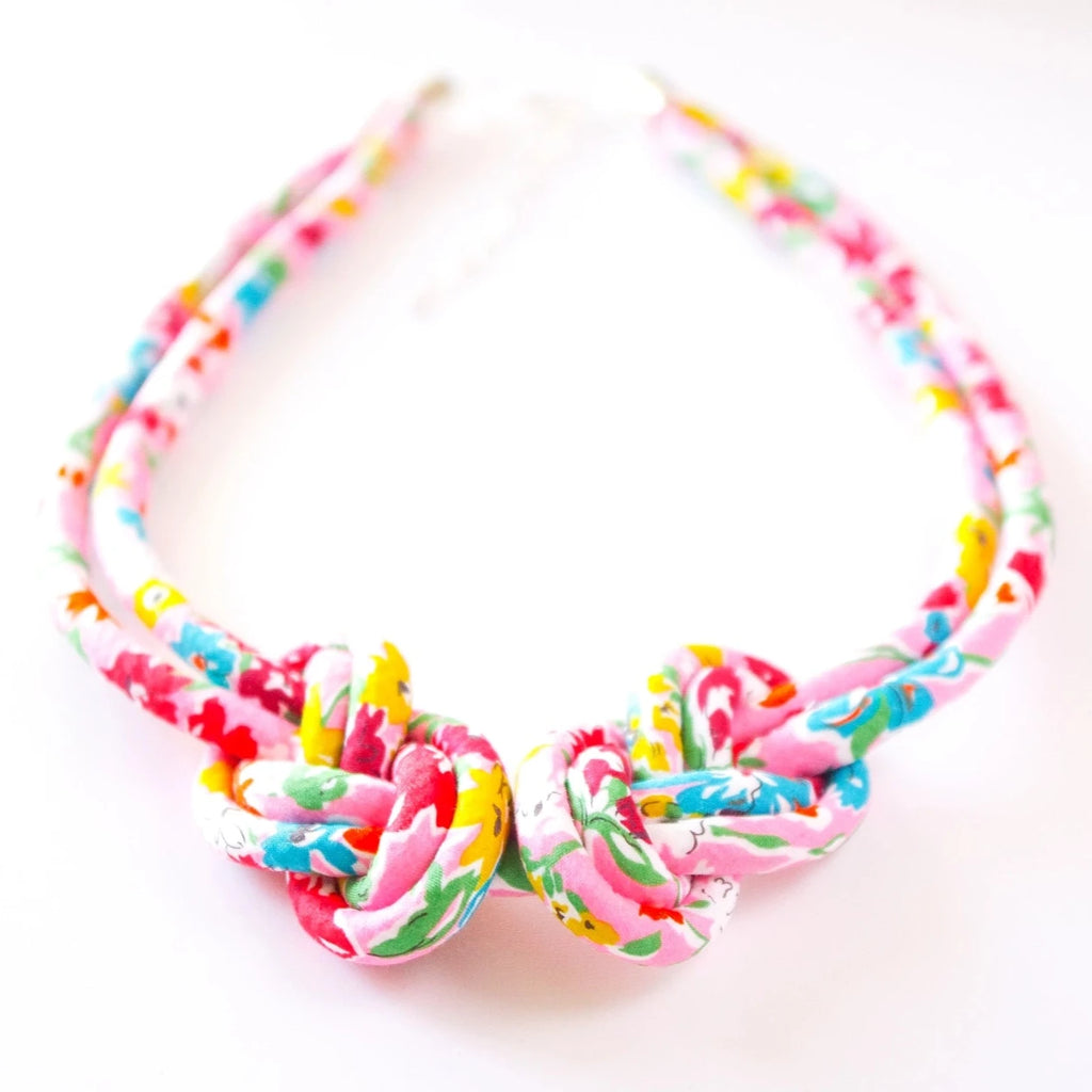 A Handcrafted California Bloom Liberty Print Fabric Eight Knot Adjustable Necklace from Bunny Bosworth for sale at Mostyn