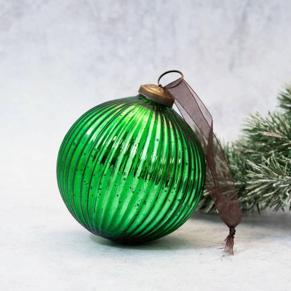 Emerald Ribbed Ball Hand Blown Glass Christmas Bauble from Bollywood Christmas for sale at Mostyn