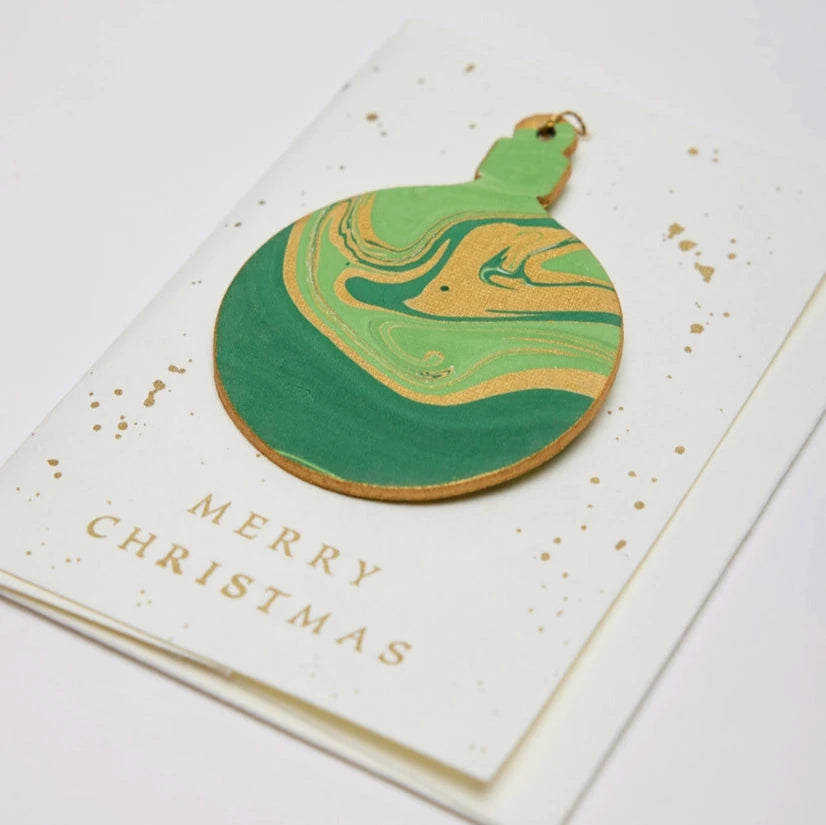 Emerald Bauble Hand Marbled Christmas Decoration Greeting Card from Paper Mirchi for sale at Mostyn