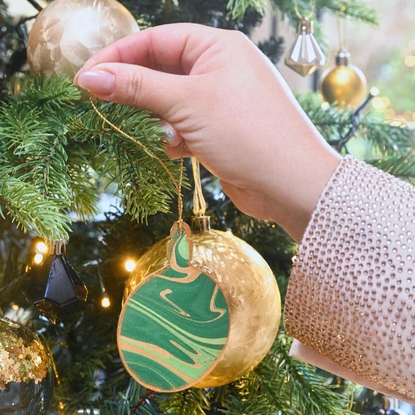 Emerald Bauble Hand Marbled Christmas Decoration Greeting Card from Paper Mirchi for sale at Mostyn