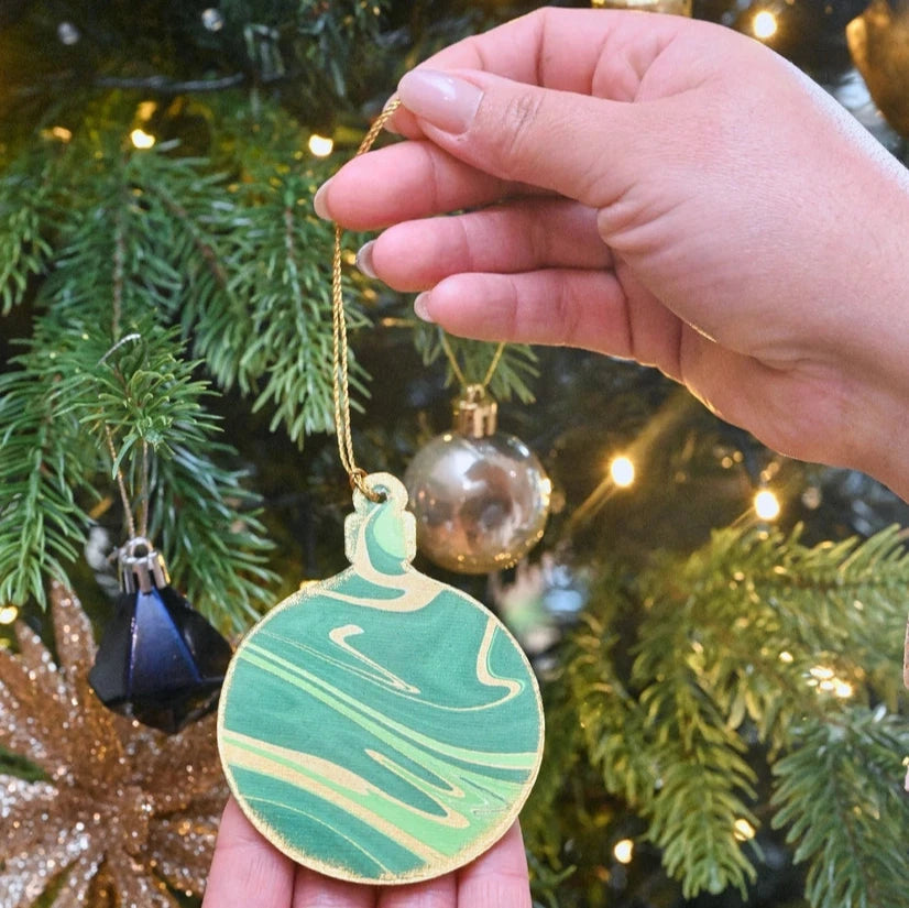 Emerald Bauble Hand Marbled Christmas Decoration Greeting Card from Paper Mirchi for sale at Mostyn
