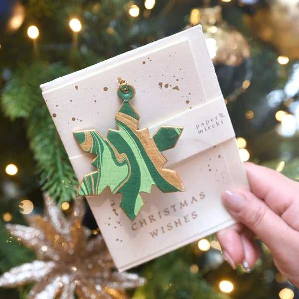 Emerald Snowflake Hand Marbled Christmas Decoration Greeting Card from Paper Mirchi for sale at Mostyn
