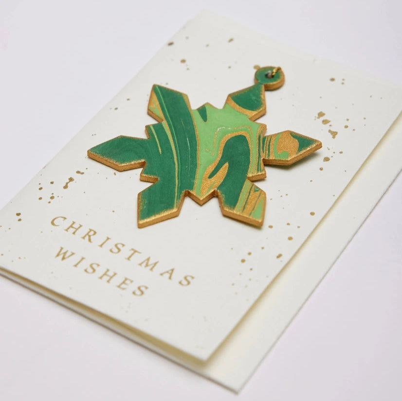 Emerald Snowflake Hand Marbled Christmas Decoration Greeting Card from Paper Mirchi for sale at Mostyn