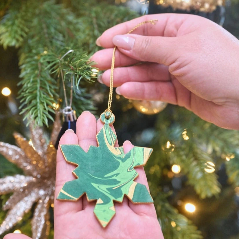 Emerald Snowflake Hand Marbled Christmas Decoration Greeting Card from Paper Mirchi for sale at Mostyn