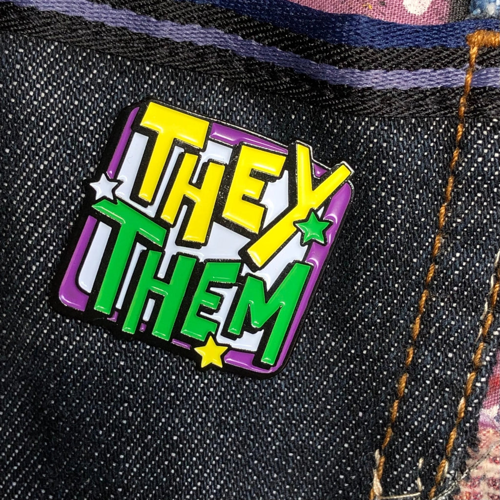 Enamel They / Them Pronoun Badge by Sophie Green for sale at Mostyn