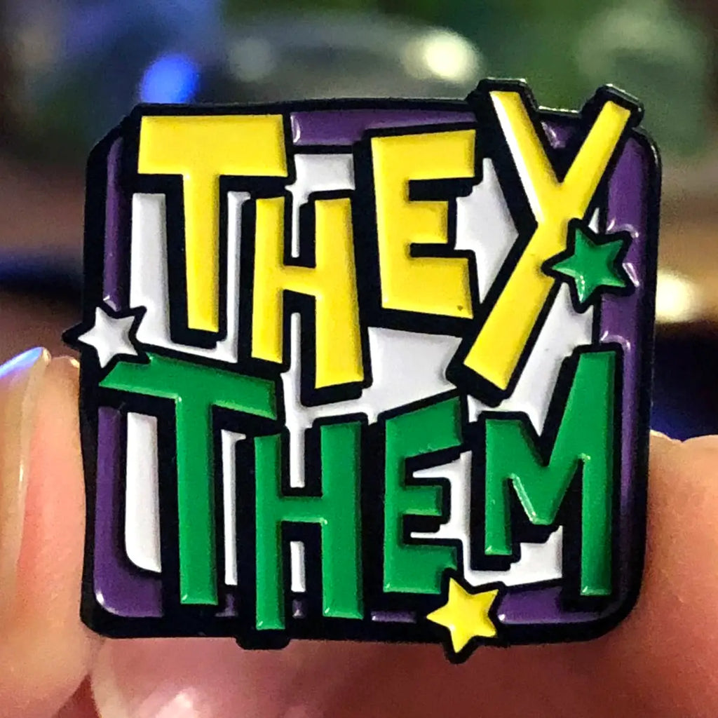 Enamel They / Them Pronoun Badge by Sophie Green for sale at Mostyn