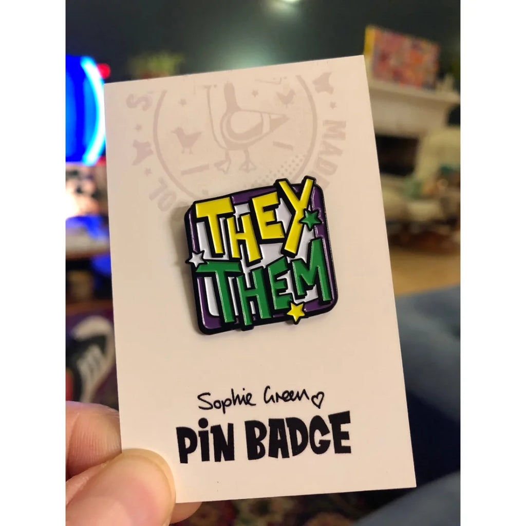 Enamel They / Them Pronoun Badge by Sophie Green for sale at Mostyn