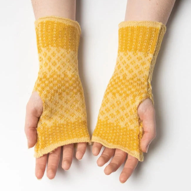 Fair Isle 100% Merino Wool Fingerless Gloves lemon-butter by Elin Manon for sale at Mostyn
