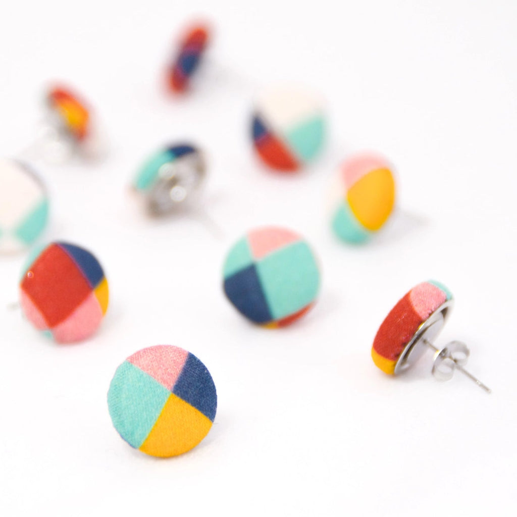 Fairground Follies Harlequin Button Stud Earrings from Bunny Bosworth for sale online at Mostyn