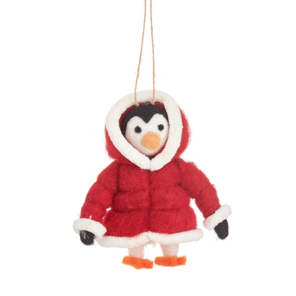 Penguin in Puffer Jacket Felt Christmas Decoration from Sass and Belle for sale at Mostyn